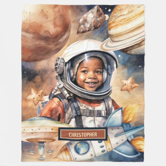 Boys Space Blanket Astronaut Aquarell Design Fleecedecke (Vorderseite)