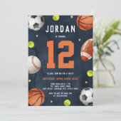 Boys Sports Theme Orange Navy Geburtstagsparty Einladung (Stehend Vorderseite)