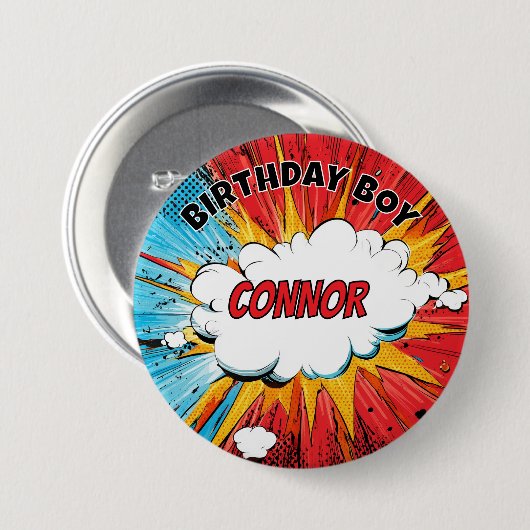 Boys Superhero Birthday Boy Personalised Badge Button (Vorne & Hinten)