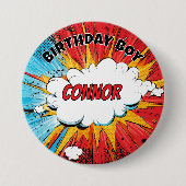 Boys Superhero Birthday Boy Personalised Badge Button (Vorderseite)