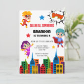 Boys Superhero Birthday Party Einladung (Stehend Vorderseite)