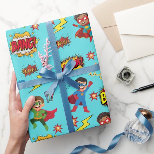 Boys Superhero Birthday Party Gift Wrapping Paper Geschenkpapier (Schenken)