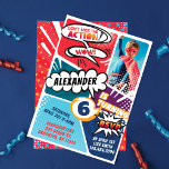 Boy's Superhero Comic Foto Geburtstag Einladung<br><div class="desc">Superhero Comic Buch inspirierte Jungen's Foto Geburtstagsfeier Einladung entworfen, um wie ein kühnes, buntes Comic Buch aussehen. Fette Sprechblasen werden um die Einladung herum platziert, mit Comic-Stilwörtern und Texten, um das Comic-Buch-Erscheinungsbild zu schaffen. Die Einladung ist in verschiedene farbenfrohe Bereiche von rot, gelb, lila, aquamarin und blau unterteilt, um eine...</div>