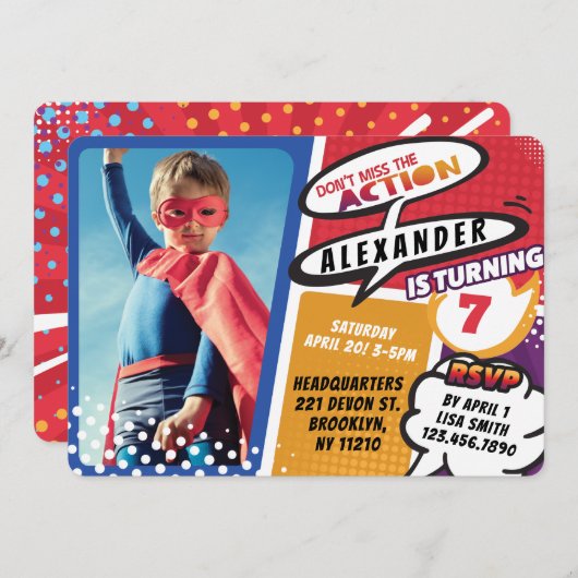 Boy's Superhero Comic Foto Geburtstag Einladung (Vorne/Hinten)