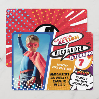 Boy's Superhero Comic Foto Geburtstag Einladung