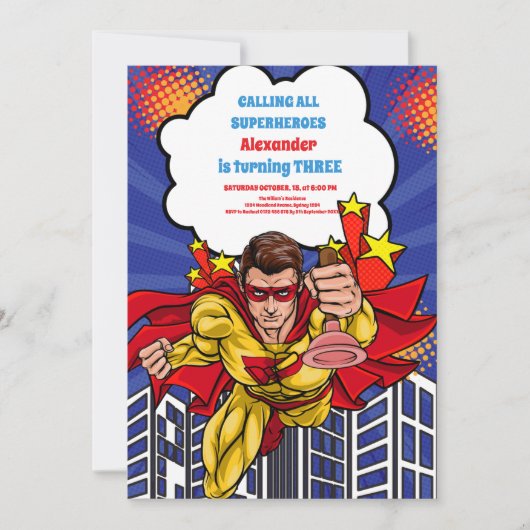 Boy's Superhero Comic Geburtstag Einladung (Vorderseite)