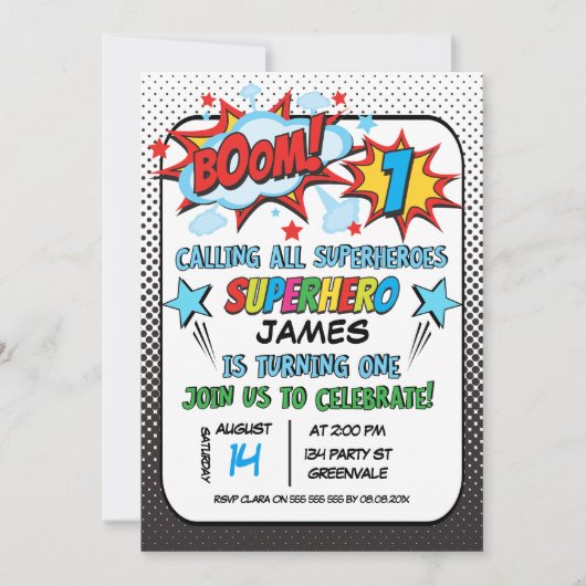 Boys Superhero Einladung zum 1. Geburtstag (Vorderseite)