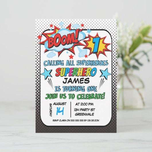Boys Superhero Einladung zum 1. Geburtstag (Stehend Vorderseite)