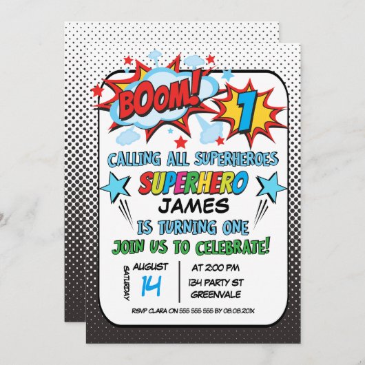 Boys Superhero Einladung zum 1. Geburtstag (Vorne/Hinten)