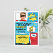 Boys Superhero Foto 5. Geburtstag Einladung (Stehend Vorderseite)