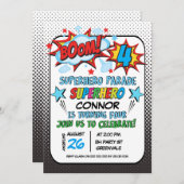 Boys Superhero Parade 4. Geburtstag Einladung (Vorne/Hinten)