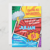 Boys Superhero Turning 5. Comic Geburtstag Einladung (Vorderseite)