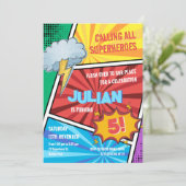 Boys Superhero Turning 5. Comic Geburtstag Einladung (Stehend Vorderseite)