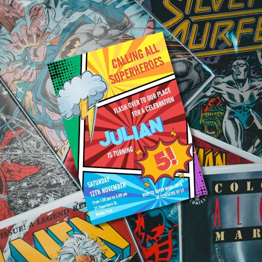 Boys Superhero Turning 5. Comic Geburtstag Einladung