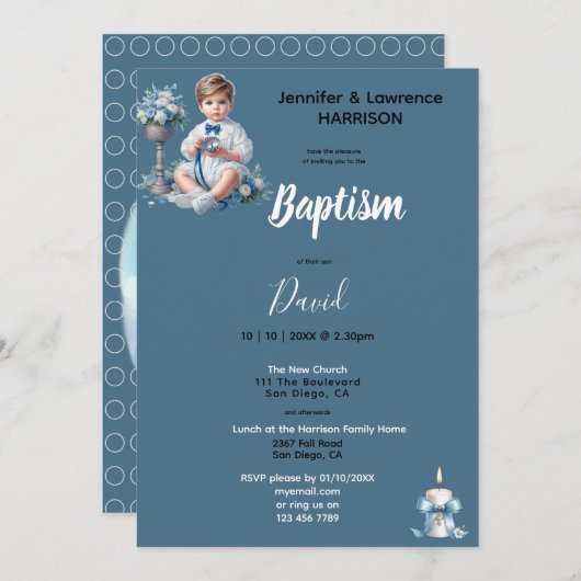 Boys Taufe Blau Personalisiert Einladung (Vorne/Hinten)