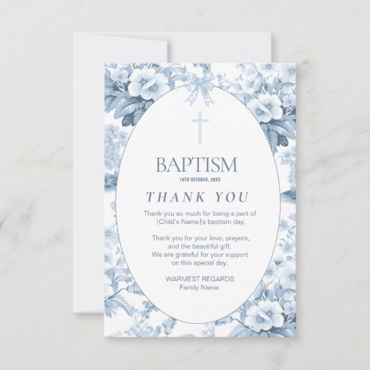 Boys Taufe Danke Karte, Blue Vintag Floral (Vorderseite)