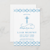 Boys Taufe Einladung - Extravagantes Blaues Kreuz (Vorne/Hinten)