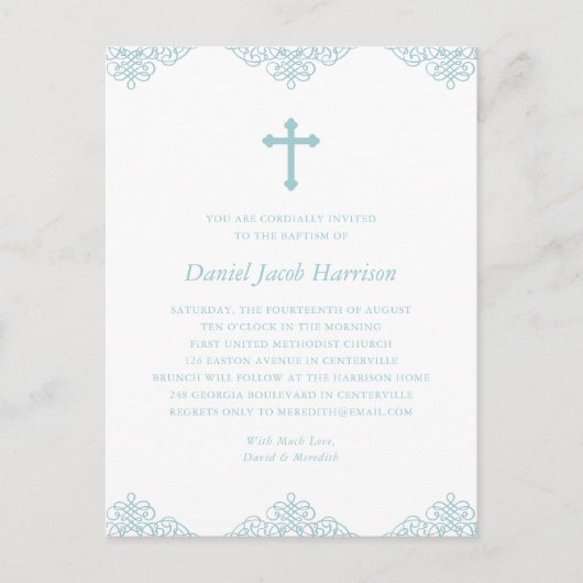 Boys Taufe Elegant Blauer und weiße Einladung Postkarte (Vorderseite)