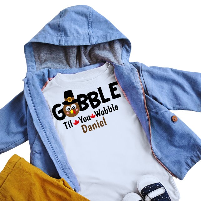 Boys Thanksgiving Cute Turkey Gobble Name Baby T-shirt (Von Creator hochgeladen)