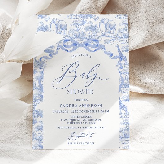 Boys Toile De Jouy Blue Baby Shower Invitation Einladung
