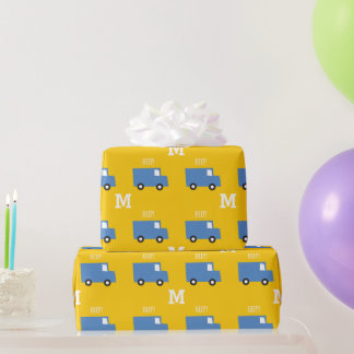 Boys Toys Transport Blue Truck Monogram Birthday Geschenkpapier