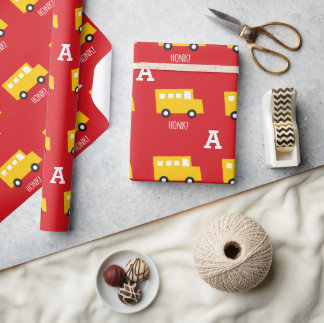 Boys Toys Transport Gelben Bus Monogram Geburtstag Geschenkpapier