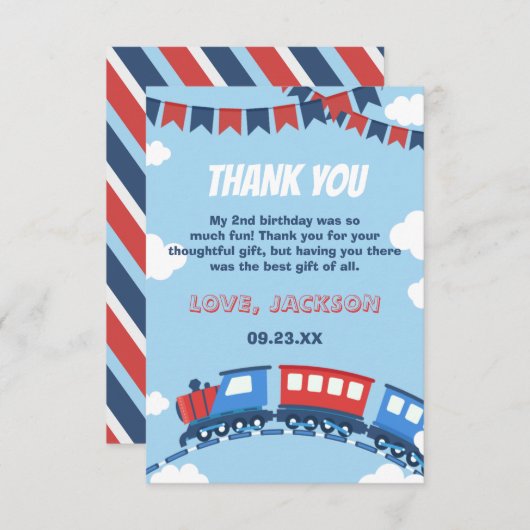 Boys Train Chugga Zwei Flag Blau Rot Weißer Geburt Dankeskarte (Vorne/Hinten)