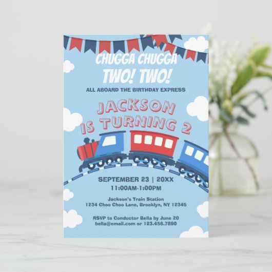 Boys Train Chugga Zwei Flag Blau Rot Weißer Geburt Einladung (Stehend Vorderseite)