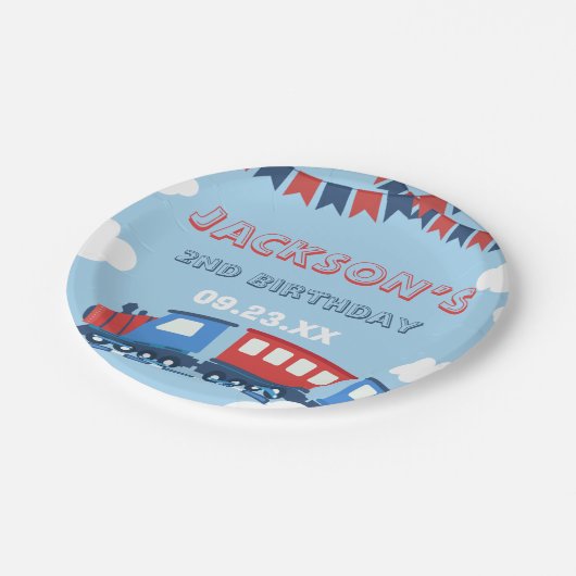 Boys Train Chugga Zwei Flag Blau Rot Weißer Geburt Pappteller (Schrägansicht)