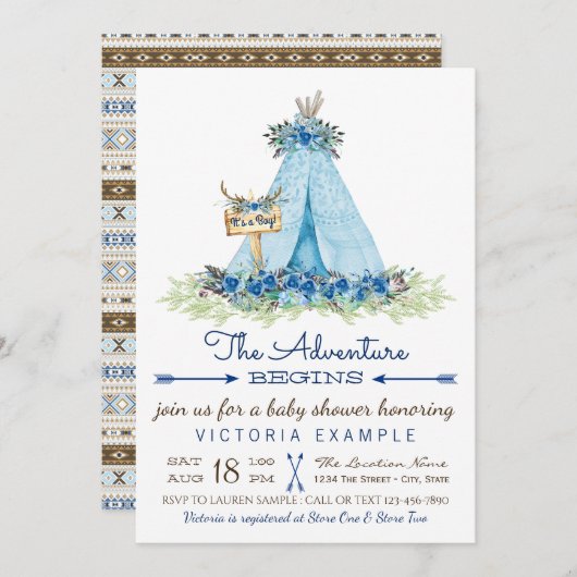 Boys Tribal TeePee Baby Shower Einladungen (Vorne/Hinten)