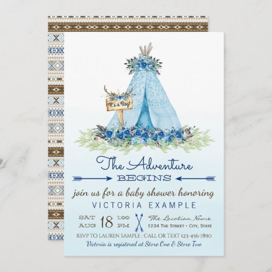 Boys Tribal TeePee Boho Kinderdusche Einladungen (Vorne/Hinten)