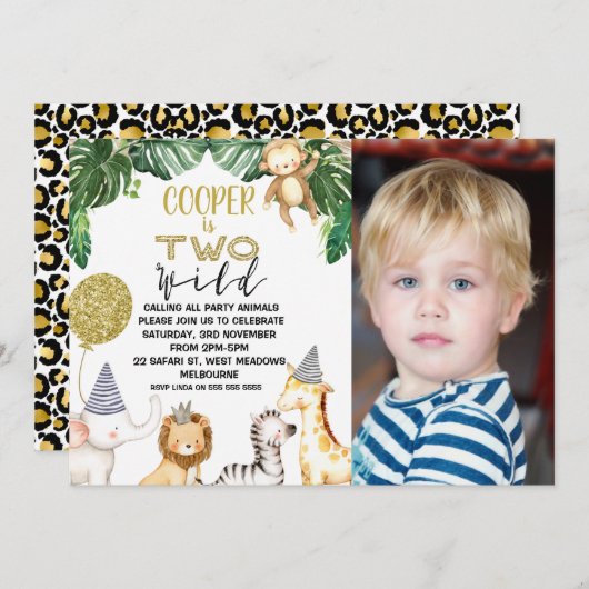 Boys Two Wild Safari Foto 2. Geburtstag Einladung (Vorne/Hinten)