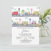 Boys Vehicles oder Transport Einladung zum Geburts (Stehend Vorderseite)