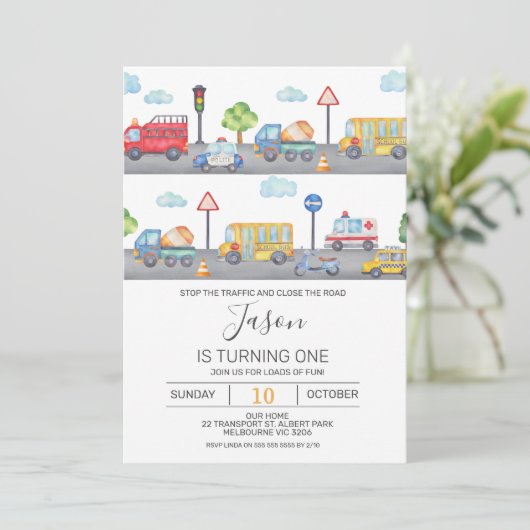 Boys Vehicles oder Transport Einladung zum Geburts (Stehend Vorderseite)