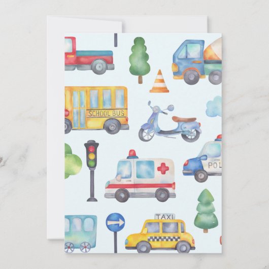 Boys Vehicles oder Transport Einladung zum Geburts (Rückseite)