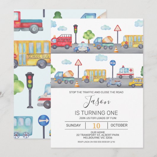 Boys Vehicles oder Transport Einladung zum Geburts (Vorne/Hinten)