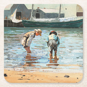 Boys Wading, berühmtes Kunstwerk von Winslow Homer Rechteckiger Pappuntersetzer