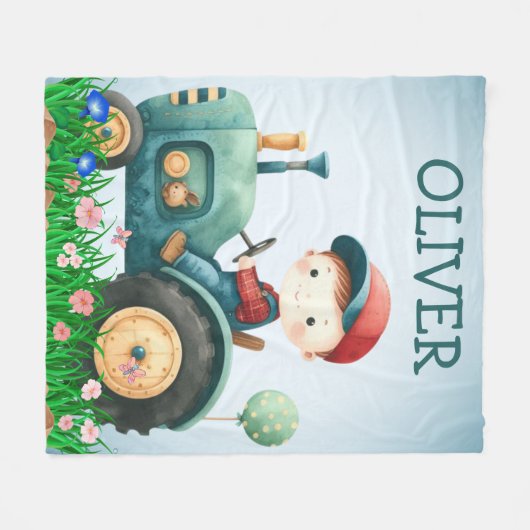 Boys' Wasserfarbe Niedlich Green Traktor Personali Fleecedecke (Vorderseite (Horizontal))