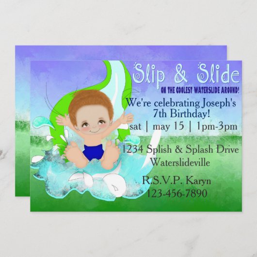 Boys Wasserrutsche Party Einladung (Vorne/Hinten)
