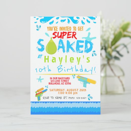 Boys Water Gun Water Ballon schwimmen Party Geburt Einladung (Stehend Vorderseite)