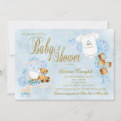 Boys Watercolor Blue Gold Baby Dusche Einladung (Vorderseite)