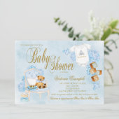 Boys Watercolor Blue Gold Baby Dusche Einladung (Stehend Vorderseite)