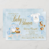 Boys Watercolor Blue Gold Baby Dusche Einladung (Vorne/Hinten)