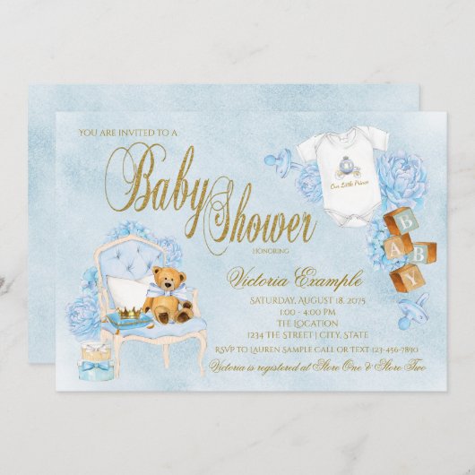 Boys Watercolor Blue Gold Baby Dusche Einladung (Vorne/Hinten)