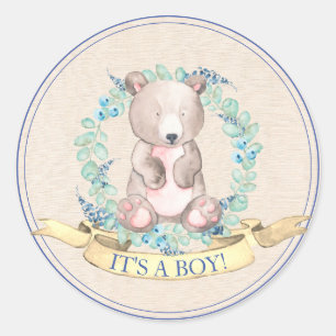 Boys Watercolor Floral Baby Bear Baby Dusche Runder Aufkleber