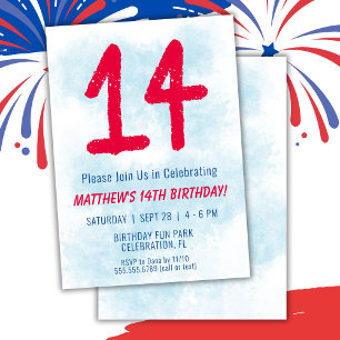 Boys Watercolor Kids Blue 14. Geburtstag Einladung