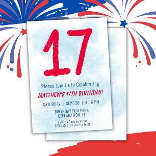 Boys Watercolor Kids Blue 17. Geburtstag Einladung