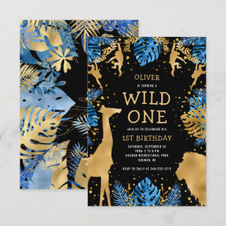 Boys Wild One 1. Geburtstag Blue Black Safari Einladung