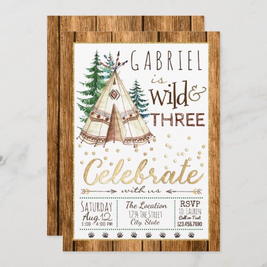 Boys Wild und Three Tribal TeePee Dritter Geburtst Einladung (Vorne/Hinten)