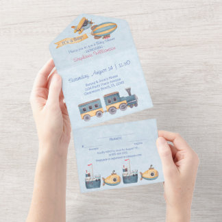 Boy's Wooden Toys Blue Baby Dusche All In One Einladung